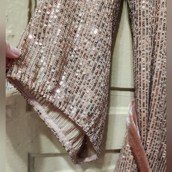 Anthropologie STARLING Sequined Tunic Rose Gold Dress W/ Velvet Sash/Belt - Picture 4 of 5